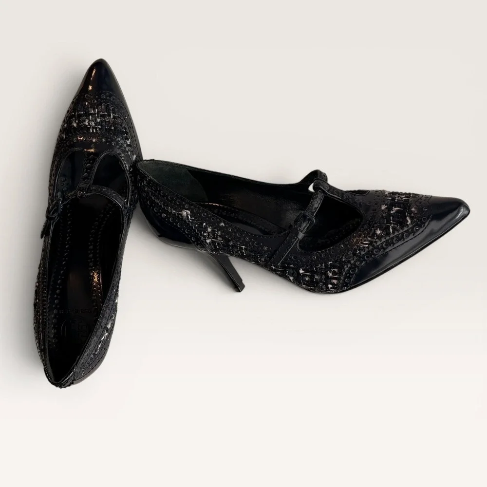 Tory Burch Navy Tweed Patent Leather Mary Jane T‑Strap Wingtip Pointed Toe Pumps